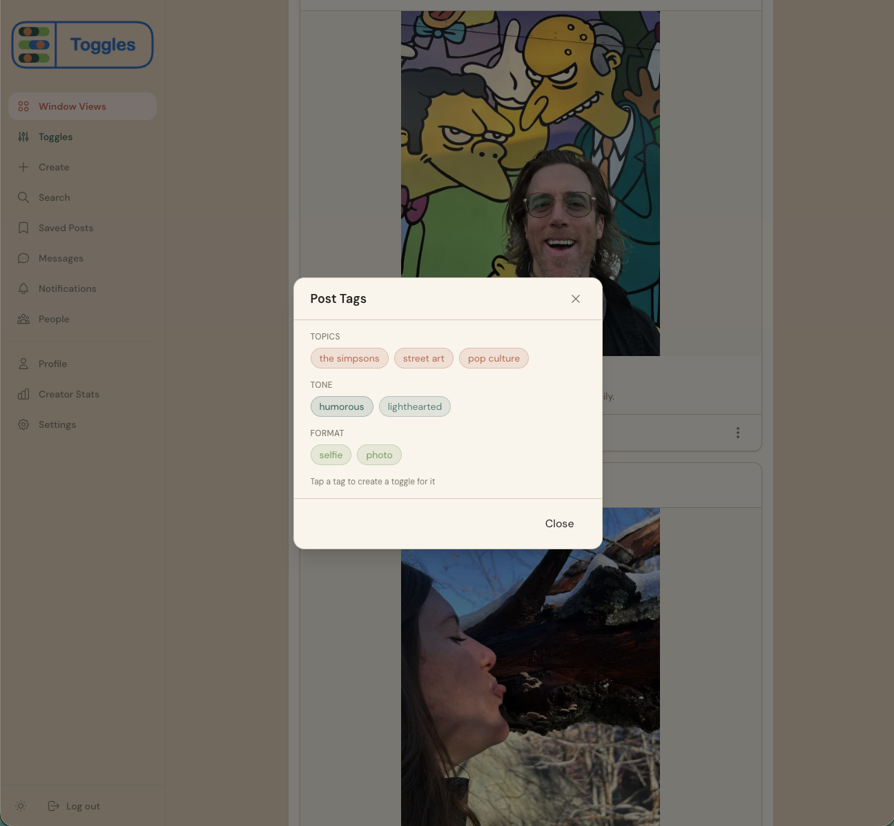 Post Tags modal showing topic, tone, and format classification with tap-to-toggle