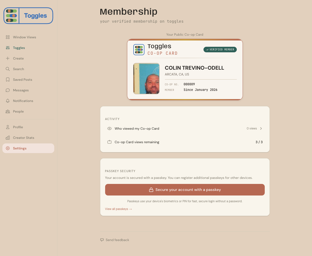 Membership page with verified Co-op Card and passkey security